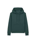 A plain dark green hoodie sweatshirt with a front pocket, drawstring hood, and long sleeves is shown against a white background.