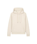 A light beige hoodie sweatshirt with a front pocket, drawstring hood, and long sleeves is displayed against a white background.