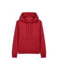 A red hooded sweatshirt with long sleeves, a drawstring hood, and a front pocket is shown on a white background.