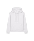 A white hooded sweatshirt with a hood, front kangaroo pocket, drawstrings, and long sleeves, shown on a white background.