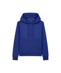A blue hooded sweatshirt featuring a hood with drawstrings and a front pocket, shown against a white background.