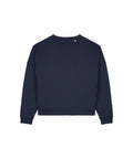 A relaxed fit, navy blue crew neck sweatshirt from our Sweatshirts collection is laid flat on a white background, featuring long sleeves with ribbed cuffs and waistband.