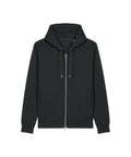 A plain black zip-up sweatshirt with a drawstring hood, two front pockets, and ribbed cuffs and hem, shown on a white background.