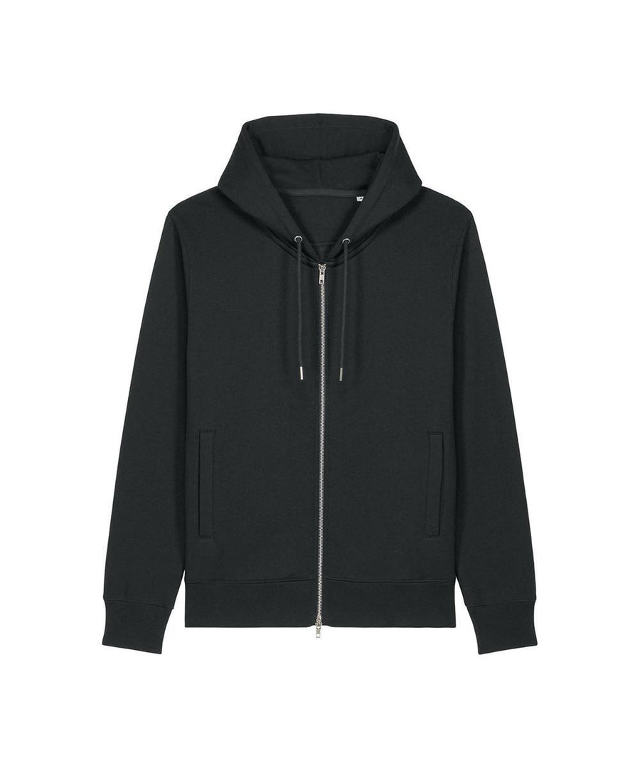 A plain black zip-up sweatshirt with a drawstring hood, two front pockets, and ribbed cuffs and hem, shown on a white background.