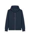 A navy blue zip-up sweatshirt hoodie featuring a hood, drawstrings, two front pockets, and ribbed cuffs and hem, shown against a white background.