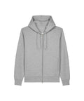 A plain light grey sweatshirt with a hood, zip-up front, drawstrings, side pockets, and ribbed cuffs and hem is laid flat on a white background.
