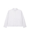 A loose-fit, plain white long-sleeve "Shirt" with a classic collar and straight hem, button-through style, shown on a white background.