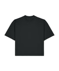 A black short-sleeve T-shirt crew neck is displayed flat on a white background.
