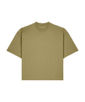A plain, oversized T-shirt with short sleeves in solid light brown is laid flat on a white background.
