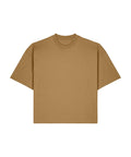 A brown, short-sleeved T-shirt crew neck is shown laid flat on a white background.
