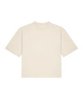 The T-shirts are beige, short-sleeved with a crew neckline and a boxy, relaxed fit, shown laid flat against a white background.