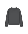 A sweatshirt’s long-sleeve, plain dark grey crew neck is laid flat on a white background. It features ribbed cuffs and hem, with no visible logos or designs.