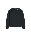 A plain black crewneck sweatshirt with long sleeves, ribbed cuffs, hem, and neckline, displayed against a white background. No logos or designs are visible.