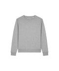 A sweatshirt's crew neck in light grey with long sleeves, ribbed cuffs, hem, and neckline is laid flat on a white background.