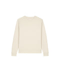 A plain, long-sleeved crew neck sweatshirt in off-white is laid flat on a white background.
