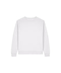 A sweatshirt crew neck in plain white with long sleeves, ribbed cuffs, and ribbed hem, displayed on a white background.