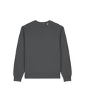 A plain, dark grey Sweatshirts crewneck with long sleeves is laid flat on a white background. It features ribbed cuffs and hem, with no visible logos or designs on the fabric.