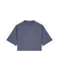 A muted blue, short-sleeve crew neck T-shirt with a relaxed, boxy fit is shown against a white background. The design is plain and free from patterns or logos.