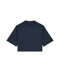 A plain, dark navy blue T-shirt with short sleeves and a crew neck is laid flat on a white background. It features a boxy, cropped fit with no visible patterns or logos.