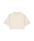 A plain off-white T-shirt with short sleeves and a crew neckline is displayed flat on a white background, featuring a boxy, loose fit.