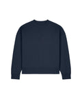 The Sweatshirts product is a plain, navy blue, long-sleeve crew neck with a relaxed fit, ribbed cuffs, and hem. It is shown laid flat on a white background.