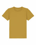 The SX702 T-shirt by Stanley/Stella is featured, showcasing its simple mustard yellow hue with a round neckline and short sleeves, laid flat against a white background.