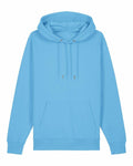 The SX705 by Stanley/Stella is a light blue hooded sweatshirt featuring a front pocket and drawstrings.