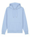 A Stanley/Stella SX705 hoodie in light blue, featuring adjustable drawstrings and a front pocket, resting flat against a white background.
