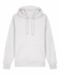 The Stanley/Stella SX705 is a light grey hoodie featuring a large front pocket and a drawstring hood. Laid flat, it showcases its simple design and casual style.