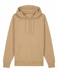 The SX705, a beige hoodie from Stanley/Stella, features a front pocket and drawstrings on the hood. It is displayed against a plain white background, showcasing its long sleeves and relaxed fit.