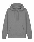 Stanley/Stella's SX705 hoodie is a plain gray piece with a hood and drawstrings, featuring a front kangaroo pocket. The laid-flat image highlights its long sleeves and minimalist design.