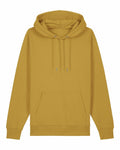 A front view of the Stanley/Stella SX705 hoodie in mustard yellow, featuring a drawstring hood and a front kangaroo pocket. The fabric looks soft and comfortable, making it perfect for casual wear.