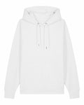 The SX705 hoodie by Stanley/Stella, featuring a minimalist white design, complete with a front pocket and adjustable drawstrings, showcased against a white background.