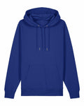 The SX705 hoodie from Stanley/Stella, a plain blue design with a front pocket and drawstrings, is displayed against a white background. It showcases an unadorned, simple classic style.