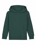 A Stanley/Stella SX706 in dark green is showcased on a white background, featuring long sleeves, a hood with elastic cuffs, and a front pocket, providing a casual and comfortable style.