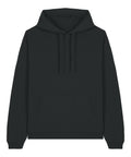 The Hoodies is a plain black jumper with long sleeves, drawstring hood, front pocket, and ribbed cuffs and hem, shown laid flat on a white background.