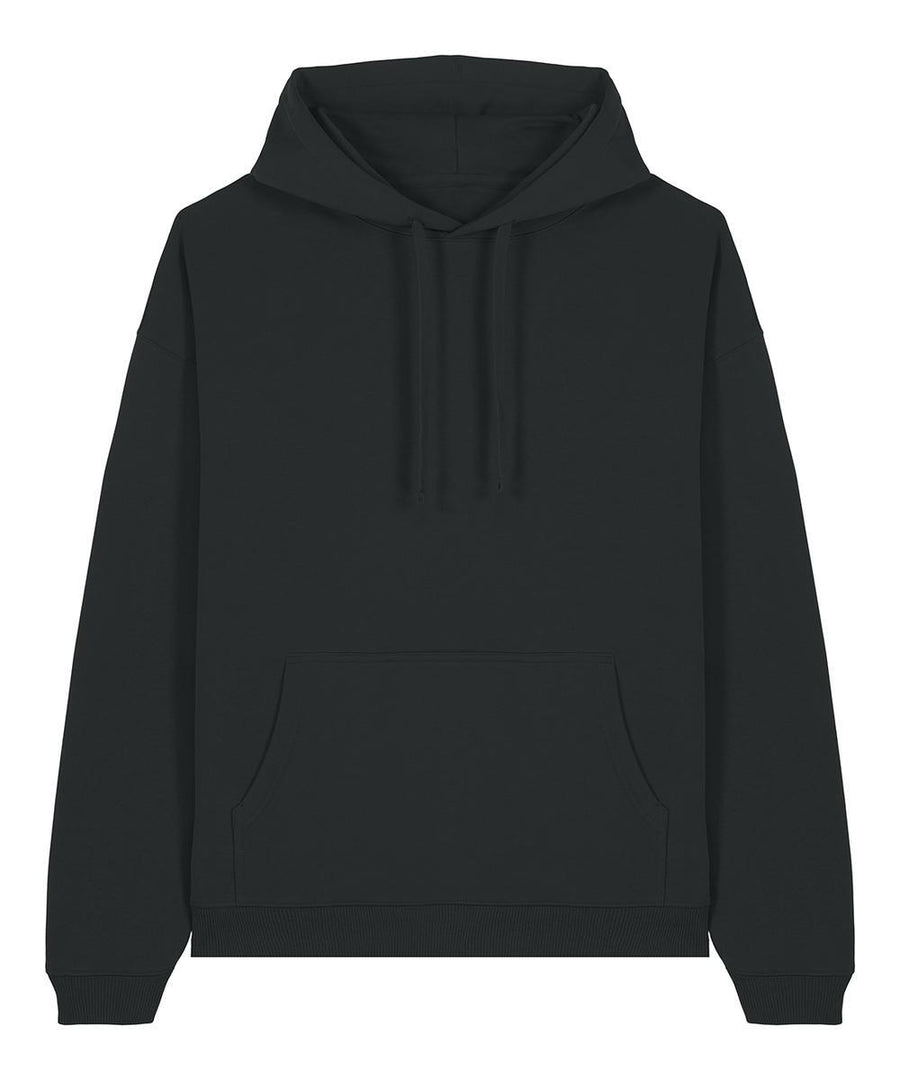The Hoodies is a plain black jumper with long sleeves, drawstring hood, front pocket, and ribbed cuffs and hem, shown laid flat on a white background.