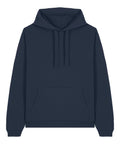 A navy blue hoodie with a front kangaroo pocket, drawstring hood, and ribbed cuffs and hem is displayed laid flat on a white background.