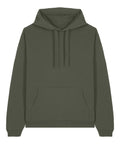 The Hoodies product is an olive green hooded jumper with a front kangaroo pocket and drawstrings, shown against a white background.