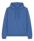 A blue hoodie sweatshirt with a front kangaroo pocket and drawstrings, shown against a white background.
