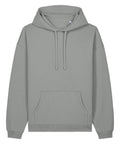 The Hoodies sweatshirt is light grey with a front pocket, long sleeves, ribbed cuffs, and an adjustable drawstring hood. It is displayed flat on a white background.