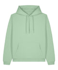 A light green hoodie sweatshirt featuring a hood, front pocket, and drawstrings, shown against a white background.