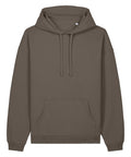 A brown hooded sweatshirt with long sleeves, a front pouch pocket, and dual hood drawcords is shown laid flat and viewed from the front.