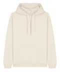 A plain off-white hoodie sweatshirt with a hood, front pocket, and drawstrings is displayed flat on a white background.