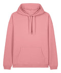 A Hoodies sweatshirt in plain pink features a front kangaroo pocket, long sleeves, drawcords, and ribbed cuffs and hem, shown on a white background.