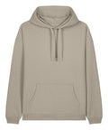 The Hoodies product is a light beige hoodie featuring long sleeves, an adjustable drawstring hood, and a front pocket, shown against a white background.