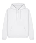 The Hoodies product features a plain white design with a front pouch pocket, drawstrings, hood, long sleeves, and ribbed cuffs and hem. It is displayed flat on a white background.