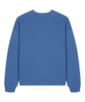 The product, Sweatshirts, is a plain blue crew neck with long sleeves and ribbed cuffs, collar, and hem, shown on a white background.