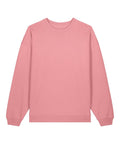 A solid pink, long-sleeved crew neck sweatshirt is laid flat on a white background.