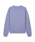 A solid light purple, long-sleeved crew neck sweatshirt is laid flat on a white background.